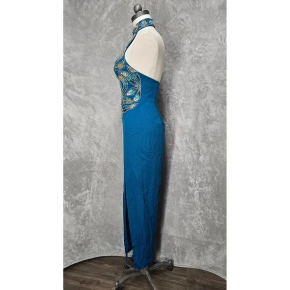Alyce Design Teal 100% Silk Beaded Sequin Halter Gown Dress Vintage Prom Mermaid - Picture 2 of 9